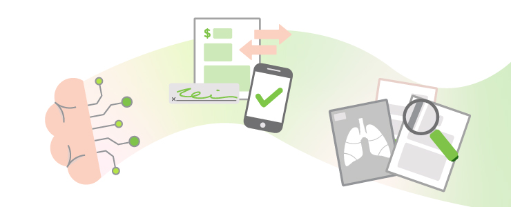 Artificial intelligence drives merge documents with text and e-search