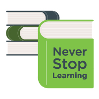 Stack of book with "never stop learning" title