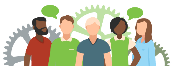 Diverse group of people in front of turning gears