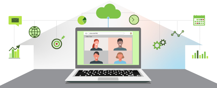 Laptop with a remote video meeting connected to the Cloud and support network.