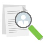 A magnifying glass searching resumes for qualified candidates to hire.