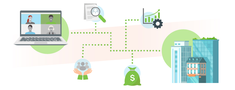 Remote work on a laptop connected to an office building on a network with supporting benefits.