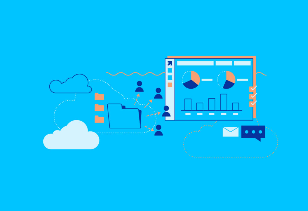 Technology tools connecting data, communication, files, and team productivity.