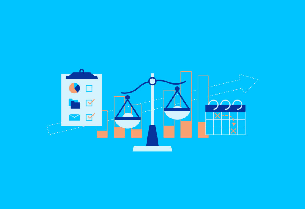 Law firm KPIs represented by legal scales, performance charts, tasks, and deadlines.