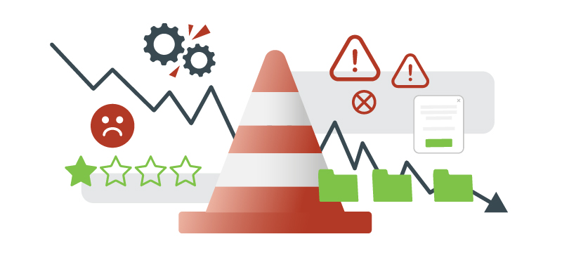 Red warning cone surrounded by low reviews, alerts, and falling profits.