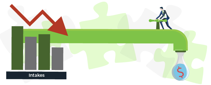 Man tightening a pipe to stop profits from falling, with a puzzle piece motif.