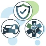 3 circular symbols for insurance sit above 3 large blue and green question marks.