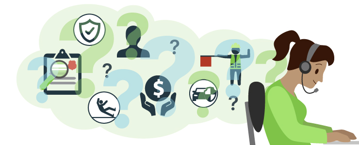 Paralegal types with a green thought bubble of question marks and investigative & insurance icons