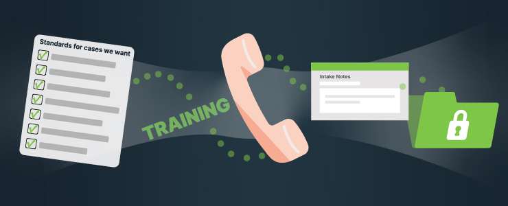 Checklist and training go into phone microphone. Data points from speaker fill intake form and file