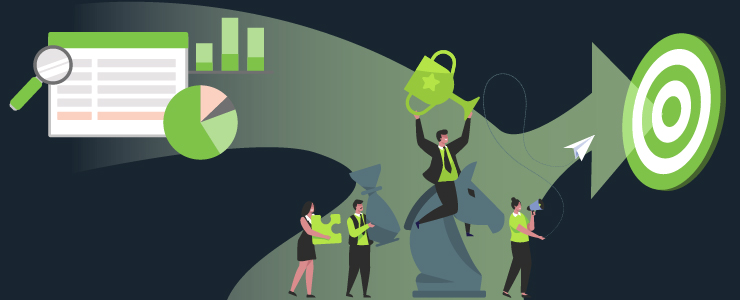 Arrow begins at marketing analytics, sweeps thru employees with strategy symbols, ends at a target