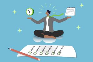 A law firm owner sits peacefully having managed his time and tasks with Jove