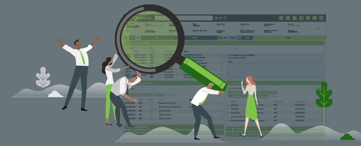 Law firm staff hold a magnifying glass, looking for case management software