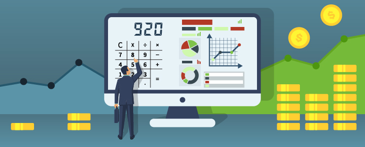 An attorney using a large calculator on a computer monitor to calculate ROI, increasing revenue for their firm.