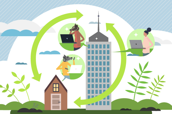 Hybrid-workers-and-office-workers-communicate-in-cloud