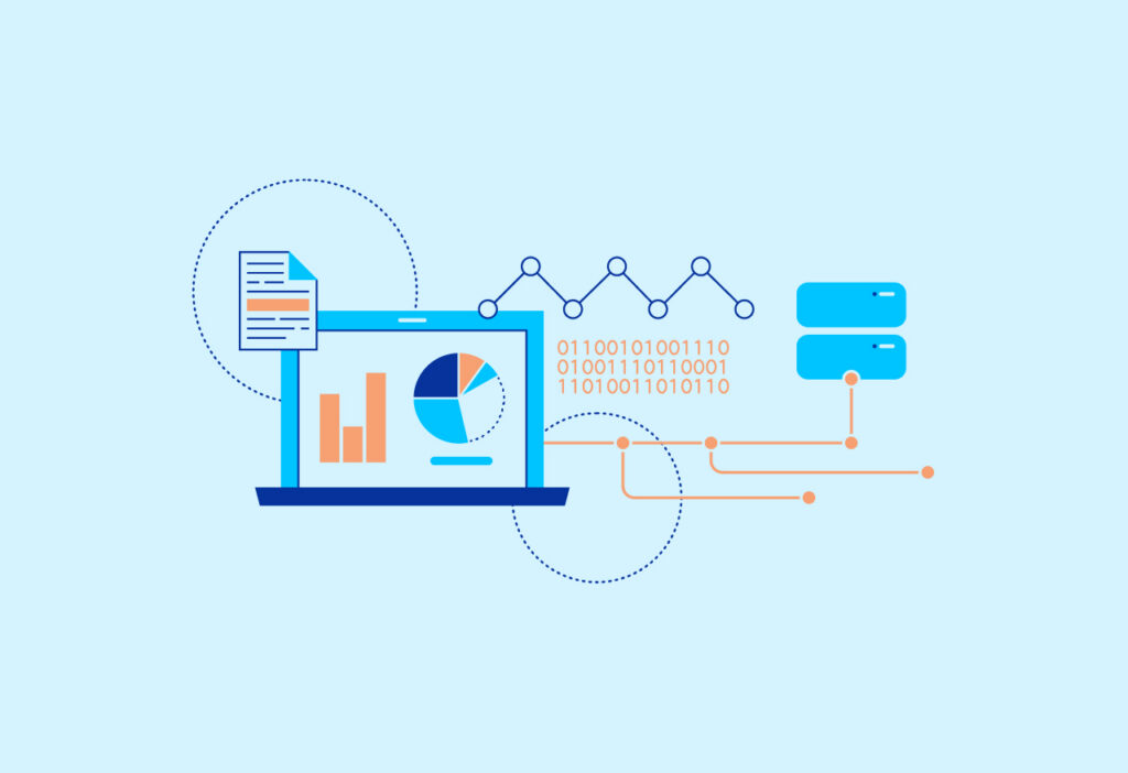 Flat conceptual illustration of data being mined from a computer.