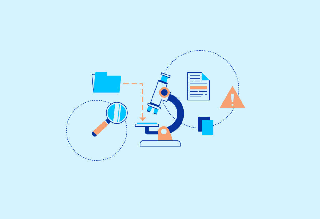 Flat conceptual illustration of a microscope uncovering cases.