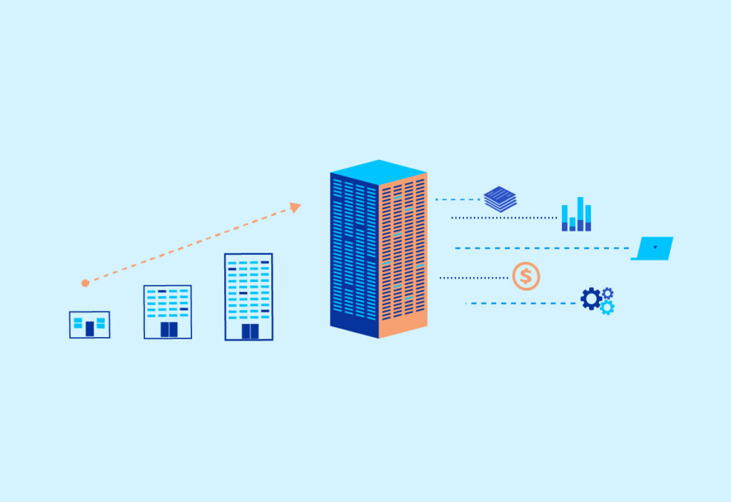 Illustration showing a law firm scaling with technology, data, and automation.